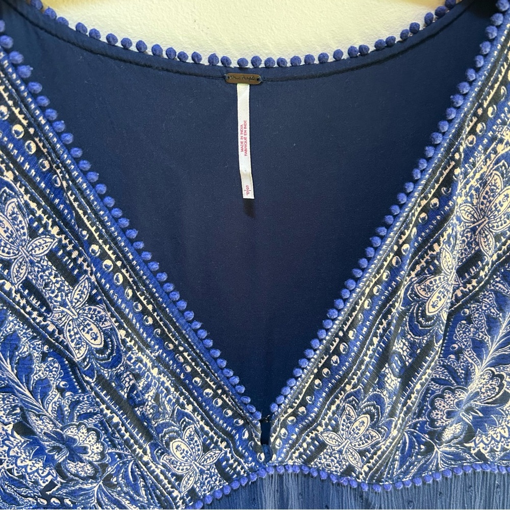 Boho-Style Deep Blue V-Neck Tiered Mini Dress - Picture 5 of 16